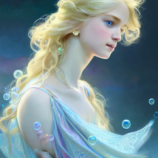 Prompt: portrait of magical little blond girl, dreamy and ethereal, blue eyes, peaceful expression, ornate frilly dress, fantasy, intricate, elegant, rainbow bubbles, highly detailed, digital painting, artstation, concept art, smooth, sharp focus, illustration, art by artgerm and greg rutkowski and alphonse mucha