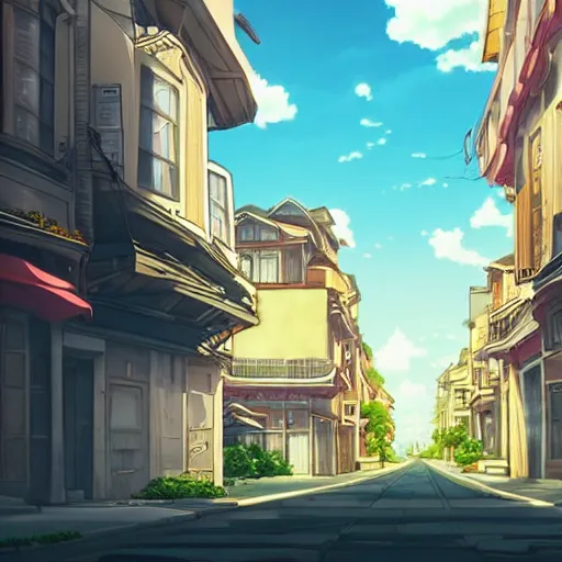 Image similar to a beautiful lonely street in a city from an Anime movie, the sky is blue with anime style clouds, romantic atmosphere, 4k,