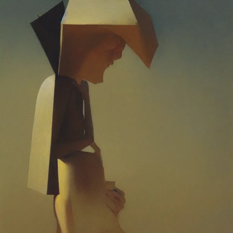 Image similar to woman in paper bag over the head and a sward Edward Hopper and James Gilleard, Zdzislaw Beksinski, highly detailed