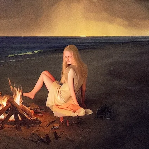 Prompt: Elle Fanning resting at a cult bonfire at night in the world of Edward Hopper, stormy weather, beach, extremely detailed masterpiece, oil on canvas, low-key neon lighting, artstation, Blade Runner 2049, Roger Deakin’s cinematography, by J. C. Leyendecker and Peter Paul Rubens,