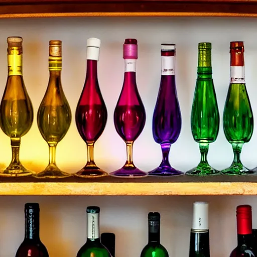 Prompt: a selection of wines arranged in bottles and glasses. they are all different bright colors.