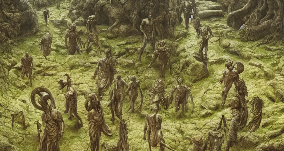 Prompt: ancient greek people walking in the ancient greek lush overgrown labyrinth, by giger, stalenhag, beksinski, retro sci - fi movie, highly detailed, photorealistic, illustration, matte painting, 8 k, hd, trending on artstation