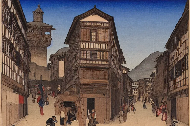 Prompt: florence old street in 1 6 th century with a tower in background by hiroshige utakawa, trending on artstation