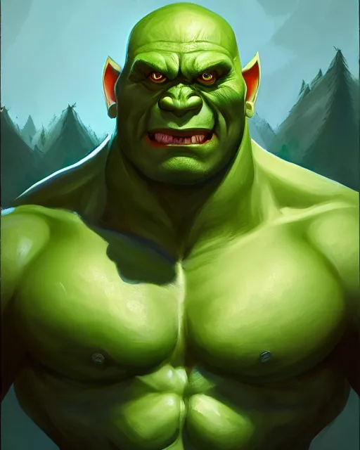 Image similar to « a portrait of a muscular green orc, a character portrait by paul kelpe, reddit contest winner, sots art, ilya kuvshinov, 2 d game art, parallax »