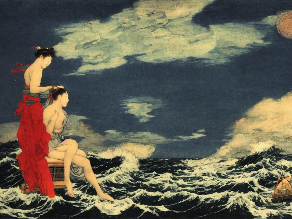 Prompt: a storm that falls on ulysses alone on a boat in the sea, orientalism, ukiyo - e, arnold bocklin, loneliness, trending on artstation,