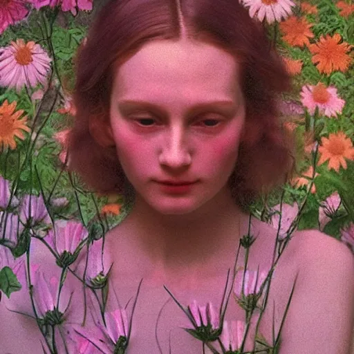 Image similar to a lot of flowers morphing in a beautiful girls face, film still by wes anderson, depicted by balthus, limited color palette, very intricate, art nouveau, highly detailed, lights by hopper, soft pastel colors, minimalist