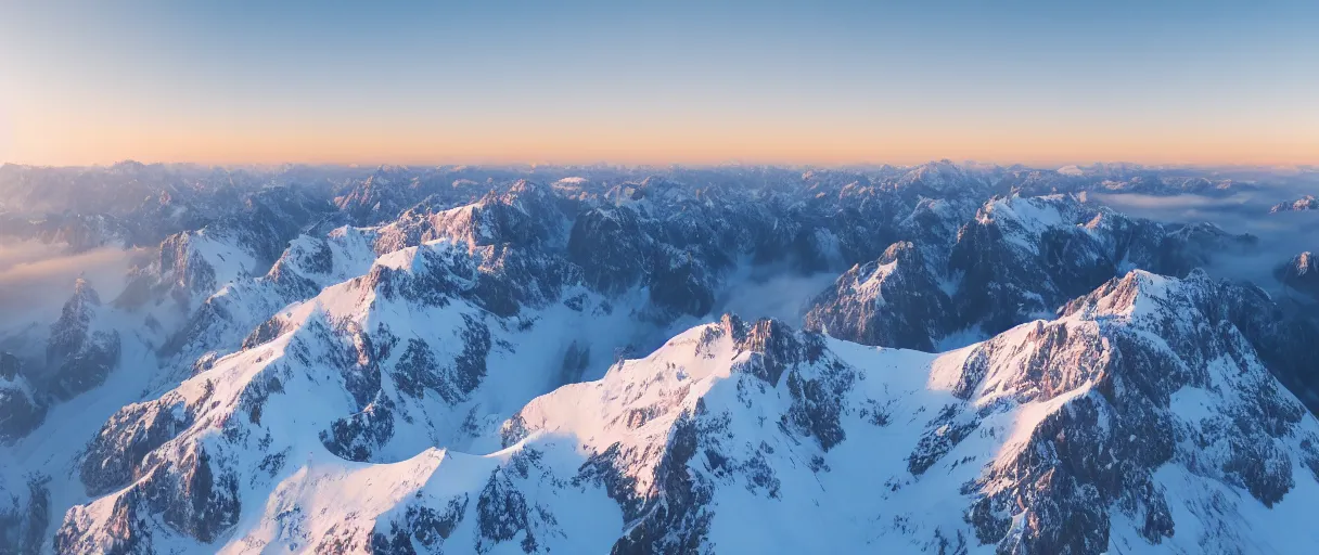 Prompt: a photorealistic breathtaking aerial view of the eastern snow covered alps mountain range at sunrise, cliffs, volumetric light, haze, fog, snow, hyperrealism, rock edge, highly detailed, intricate, cinematic, front facing camera, cinematic, epic lighting, 8 k