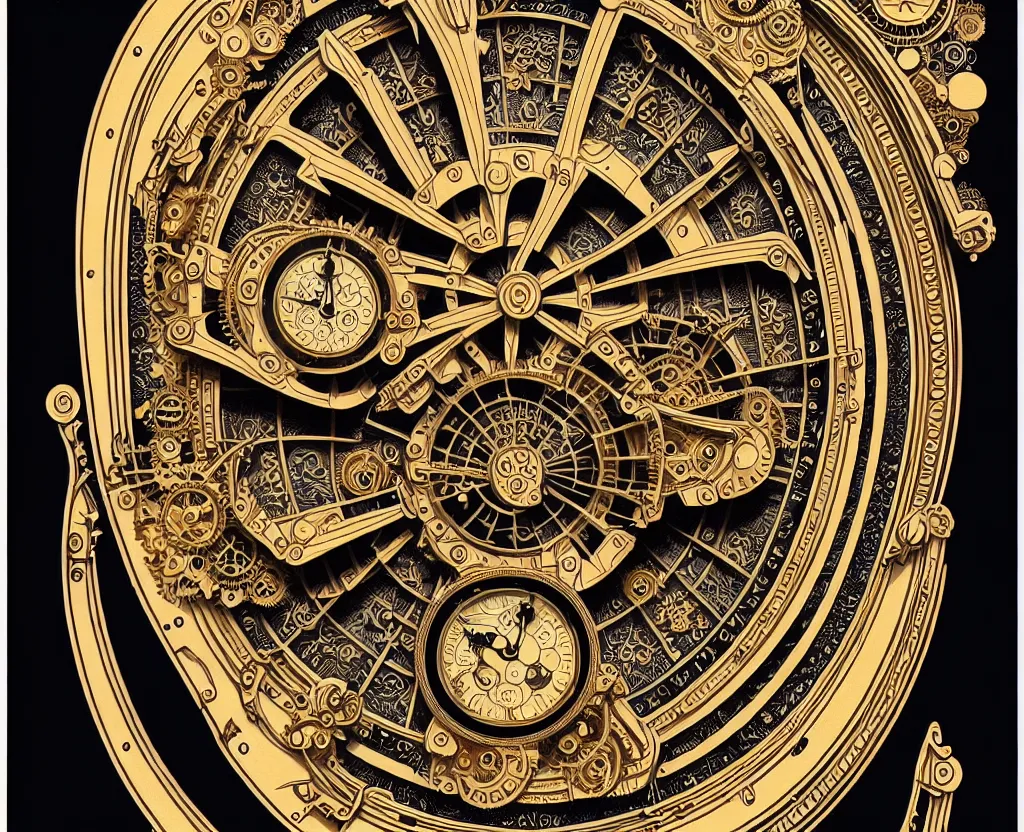 Image similar to ornate steampunk grandfather clock, high details, intricately detailed, by vincent di fate, inking, lineart, 3 color screen print, masterpiece, trending on artstation,, sharp, details, hyper - detailed, hd, 4 k, 8 k