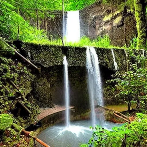 Image similar to abandoned, overgrown, underground bunker, room with waterfall and lake, beautiful, underground