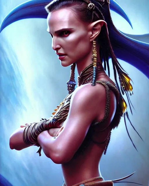 Image similar to natalie portman as a naʼvi from avatar fantasy character portrait, ultra realistic, wide angle, intricate details, blade runner artifacts, highly detailed by peter mohrbacher, boris vallejo, hajime sorayama aaron horkey, gaston bussiere, craig mullins