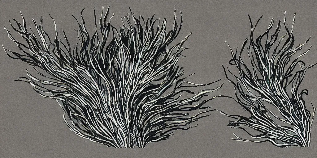 Prompt: bladder wrack and dulse seaweed, decorative design against a grey background, done in Japanese ink style
