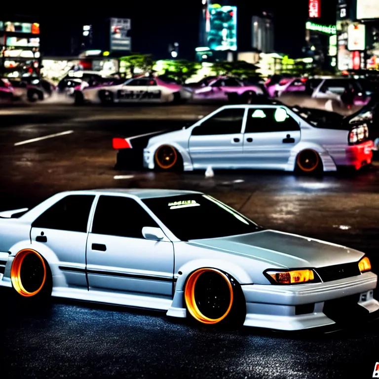 Image similar to a car JZX90 twin turbo drift at illegal car meet, Shibuya prefecture, city midnight mist lights, cinematic lighting, photorealistic, highly detailed wheels, high detail