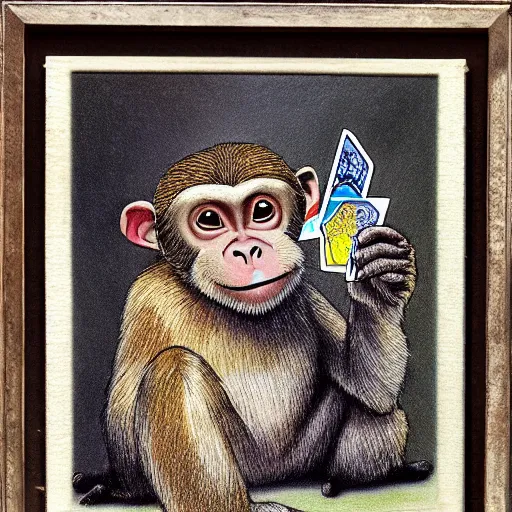 Prompt: ''A centered image of a monkey holding cards in his hand, 8k, realistic''