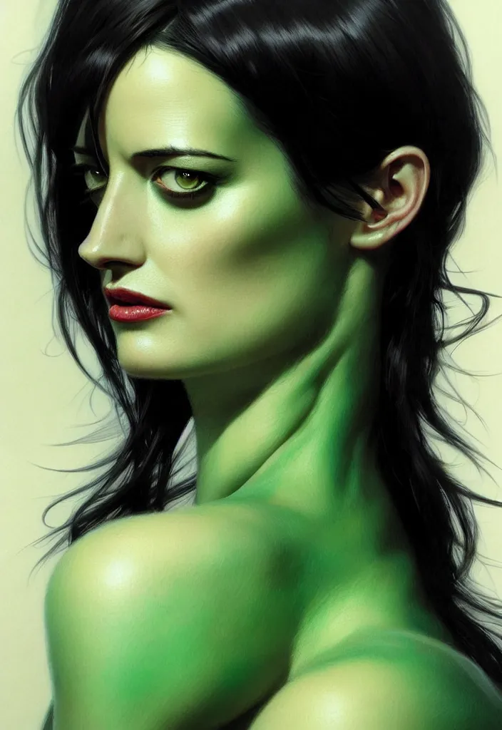 Image similar to portrait of eva green, black hair, green eyes, elegant, real life skin, intricate artwork, high detailed, artstation, concept art, smooth, sharp focus, art by artgerm and greg rutkowski @ ruprechy