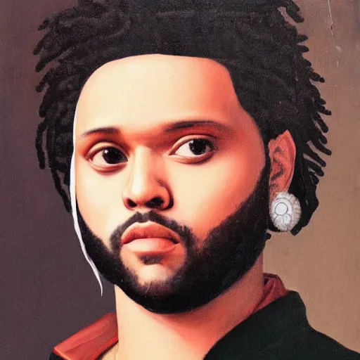 Image similar to a renaissance style portrait painting of the weeknd