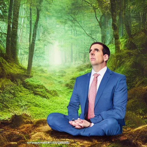 Image similar to Michael Scott meditate in forest, realistic photo, 90mm