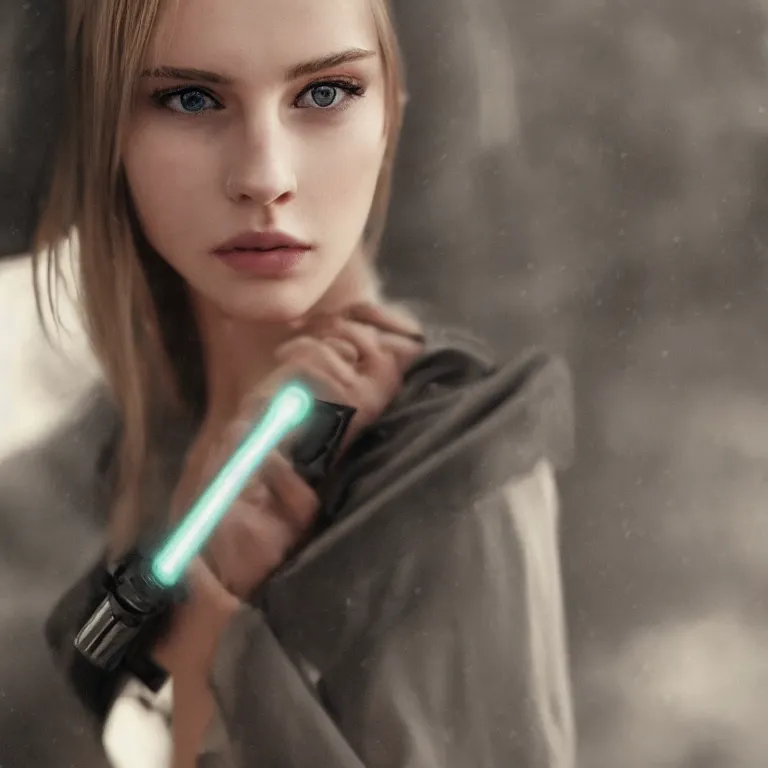 Image similar to cute model annie leonhart holding a lightsaber, beautiful face, detailed face, realistic eyes, pale skin, rule of thirds, cinematic lighting, rainy weather, melancholy atmosphere, volumetric light, realistic reflections, sharp focus, backlit, model agency, instagram photo, shot on sony a 7 iii, beauty filter, postprocessing