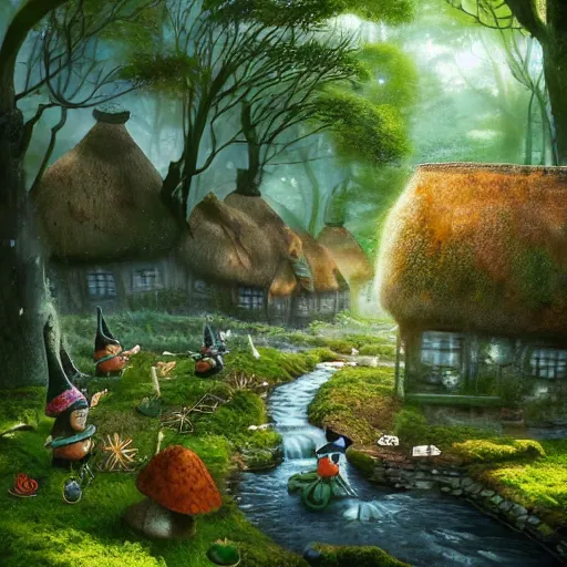 Prompt: forest grove, little gnomes, wooden moss covered houses, birds, flowing streams, cobblestone, windows lit up, thatched roofs, smoke puffing from chimneys, great forest trees, beautiful flowers, magical sunlight, yoshitaka amano, stunning, trending, best ever digital illustration,