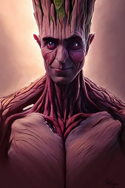 Image similar to Ranbir Kapoor as Groot, Groot costume, Ranbir Kapoor Face, cute, portrait, masculine figure, highly detailed, digital painting, artstation, concept art, smooth, sharp focus, illustration, cinematic lighting, art by artgerm and greg rutkowski and alphonse mucha