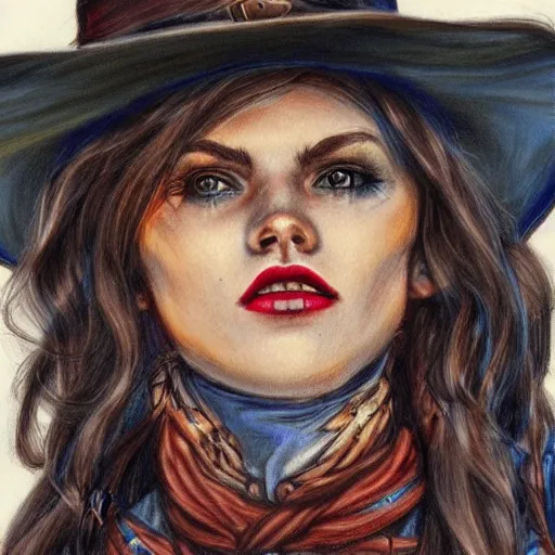 Image similar to beautiful cowboy witch, wild west, concept art, colored pencil drawing, trending on artstation