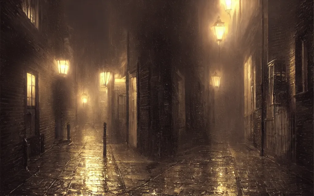 Image similar to quiet victorian london alley at night, raining, dim volumetric lighting, 8 k octane render, hdr, postprocessing, hyperdetailed, intricate, epic composition, cinematic lighting, masterpiece, trending on artstation, stunning artwork by anders zorn, extraordinary art by greg rutkowski,