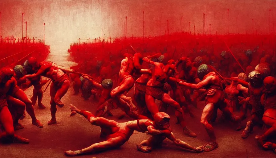 Image similar to only with red, bloody armored gladiator battle in a crowded roman amphitheatre, crowd cheering, in the style of beksinski and edward hopper and rodcenko and yue minjun and greg rutkowski, intricate and epic composition, red by caravaggio, highly detailed, masterpiece, red light, artstation, art nouveau