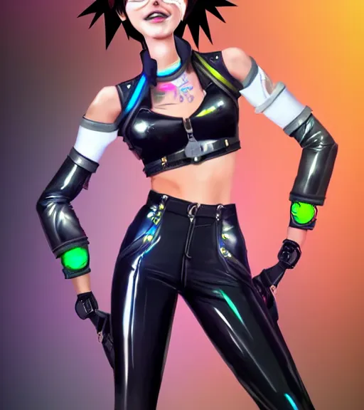 Image similar to full body digital artwork of tracer overwatch, wearing black iridescent rainbow latex tank top, 4 k, expressive happy smug expression, makeup, in style of mark arian, wearing detailed black leather collar, chains, black leather harness, leather cuffs around wrists, detailed face and eyes,