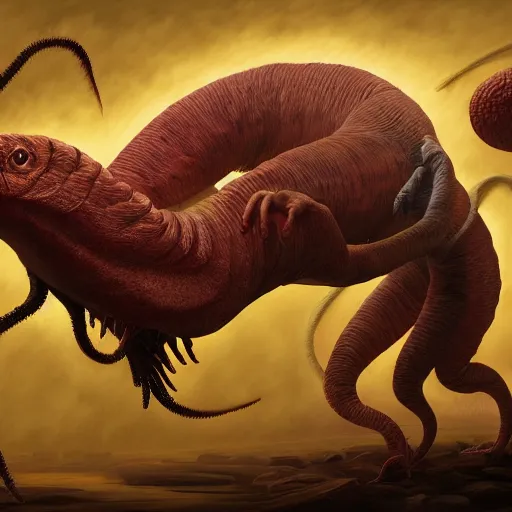 Prompt: surreal painting of man transforming into a worm creature digital painting, concept art, trending on artstation, highly detailed, epic composition, 8 k uhd