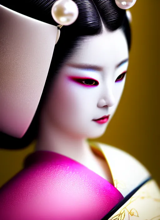 Image similar to Geisha extreme closeup photo portrait, beautiful pale makeup, pearlescent skin, elegant pose, very detailed, highly detailed kimono, photorealism, artstation, different point of view, sharp focus, photorealistic, soft diffuse lights, canon 5D 50 mm lens, zen natural background, def of field