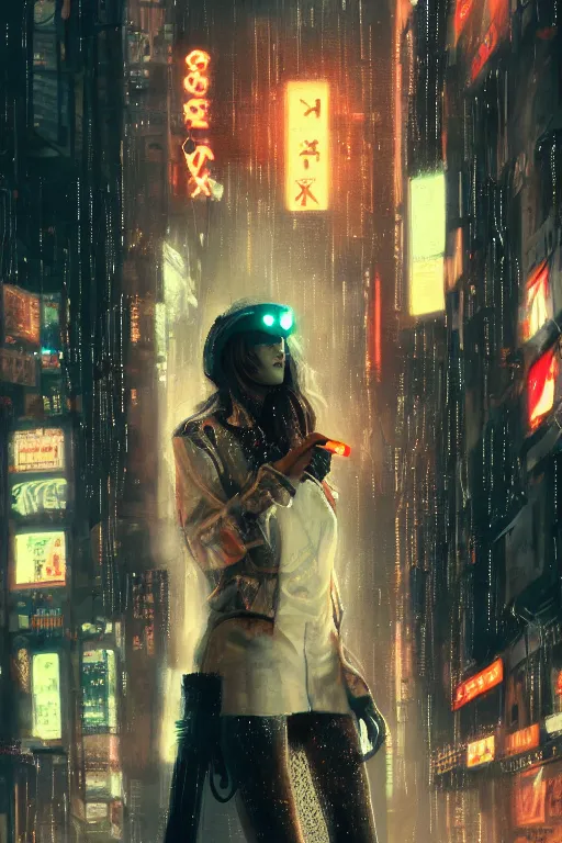 Image similar to beautiful portrait of a tall white female anthro fox smoking a cigarette towering head and shoulders above the bustling crowd of a rainy city street around her, cyberpunk clothes, cyberpunk, harsh neon lights, highly detailed, sharp focus, digital painting, illustration, trending on artstation, art by sakimichan, wlop, greg rutkowski