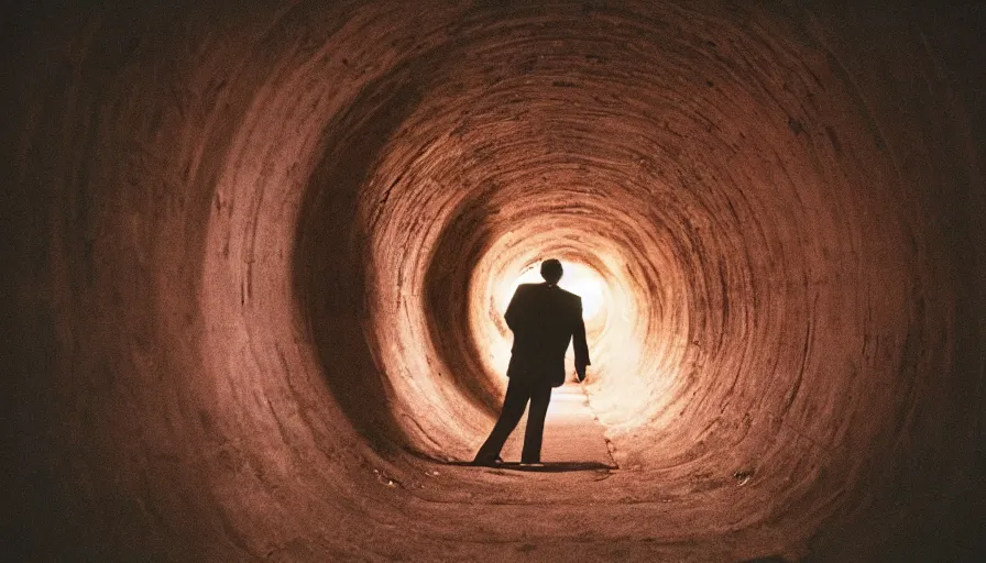 Image similar to 1 9 7 0 s movie still of a man in a tunnel of stomach, cinestill 8 0 0 t