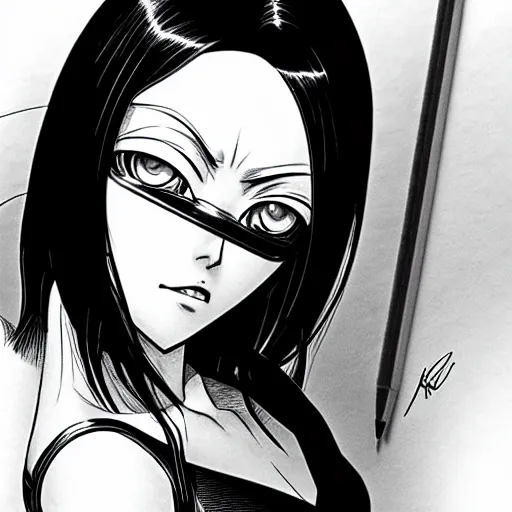 Image similar to alita by yukito kishiro. medium shot. black and white manga. pencil drawing. high detailed face