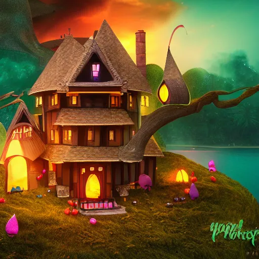 Prompt: a witches house made out of candy with a scary witch in front of the house, floating on the ocean, epic scene, fantasy, cinematic, redshift render, cgi, hyper - detailed, photo - bash, 8 k post - production, masterpiece