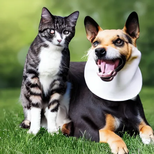 Image similar to a smiling dog sitting on top of a cat, professional photography