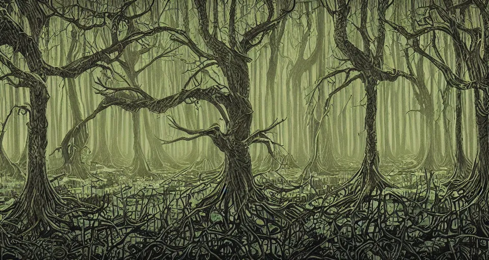 Image similar to A dense and dark enchanted forest with a swamp, by dan Mumford