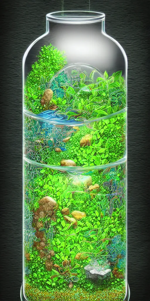 Prompt: graphic of enchanted terrarium, water flows inside the terrarium, digital art, highly detailed illustration, Lemma Guya, golden ratio, rule of thirds