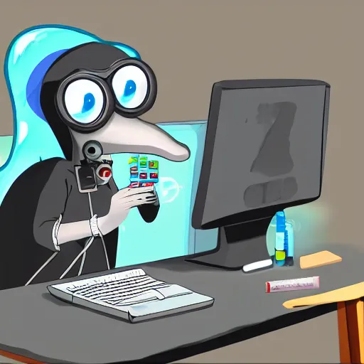 Image similar to An anthropomorphic grey dolphin dressed as a chemist playing games on a computer, digital painting