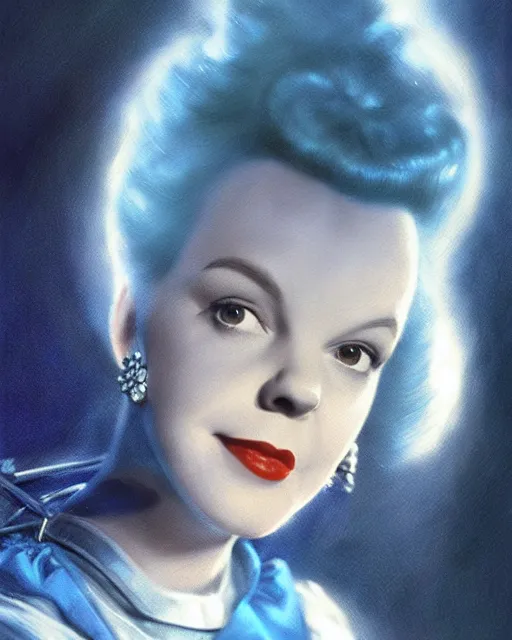 Prompt: judy garland as dorothy in wizard of oz, perfect face, blue dress over white shirt, cinematic, stunning, highly detailed, digital painting, artstation, smooth, hard focus, illustration, art by jessica rossier and and brian froud