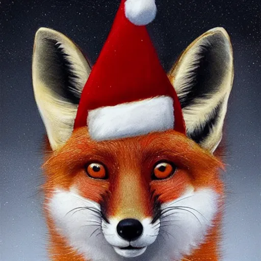 Image similar to perfectly-centered-Portrait-full-shot of a fox, wearing a santa hat, sitting next to a pile of cheese, intricate, elegant, super highly detailed, professional digital painting, artstation, concept art, smooth, sharp focus, no blur, no dof, extreme illustration, Unreal Engine 5, 8K, art by artgerm and greg rutkowski and alphonse mucha and loish and WLO