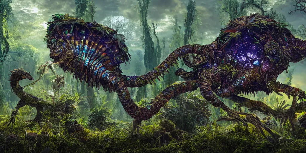 Prompt: a bird reptile giraffe mushroom jelly hybrid creature monster with metal scales feathers fur moss spines knobs, rich diverse lush alien world, fantasy, science fiction, dramatic lighting, in the style of national geographic, ken barthelmey, patrick woodroffe, illustration, octane render 8 k