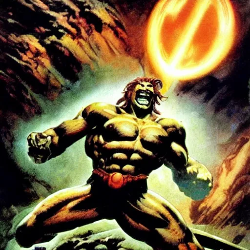 Prompt: epic wide angle view of Lion-O with light by frank Frazetta