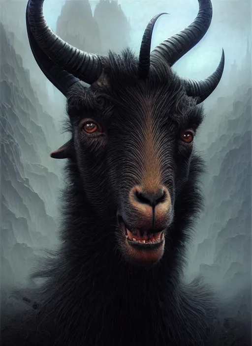 Image similar to portrait shot of evil black goat, a scenic dystopian environment, intricate, elegant, highly detailed, centered, digital painting, artstation, concept art, smooth, sharp focus, illustration, artgerm, tomasz alen kopera, peter mohrbacher, donato giancola, joseph christian leyendecker, wlop, boris vallejo