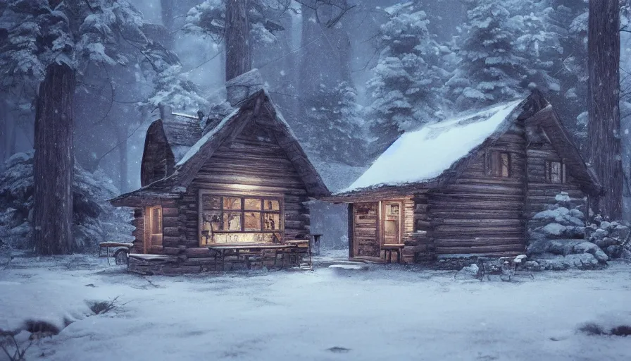 Image similar to A highly detailed matte painting of interior of old cabin in snowy forest, fireplace, bookshelves, old couch, snowing outside windows, by Studio Ghibli, Makoto Shinkai, by Artgerm, by WLOP, by Greg Rutkowski, volumetric lighting, octane render, 4K resolution, trending on artstation, masterpiece