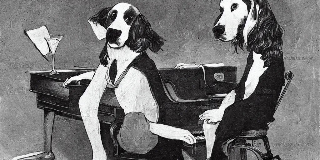 Prompt: sprocker Spaniel playing piano with a Martini on the side, book illustration, b&w