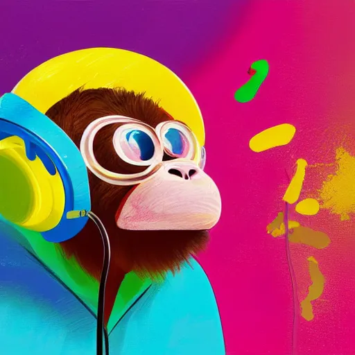 Prompt: colorful illustration of monkey in headphones, colorful splatters, by andy wrahol, by zac retz, by kezie demessance