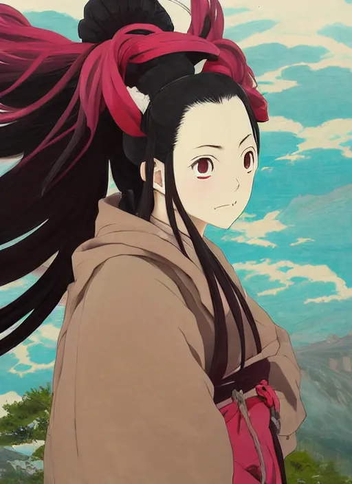 Prompt: portrait of Nezuko from Demon Slayer Anime by Koyoharu Gotouge, countryside, calm, fantasy character portrait, dynamic pose, above view, sunny day, thunder clouds in the sky, artwork by Jeremy Lipkin and Giuseppe Dangelico Pino and Michael Garmash and Rob Rey, very coherent asymmetrical artwork, sharp edges, perfect face, simple form, 100mm