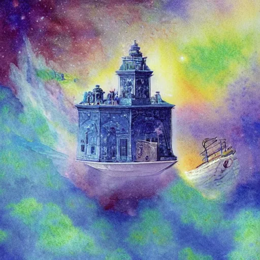 Image similar to numerical symetrical misty galaxy cube pigeon convertible basin can, by ivan aivazovsky and marc chagall and albrecht durer, watercolor, parallax, panorama