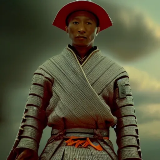 Image similar to cinematic film still Pharrell Williams starring as a Samurai holding fire, Japanese CGI, VFX, 2003, 40mm lens, shallow depth of field,film photography