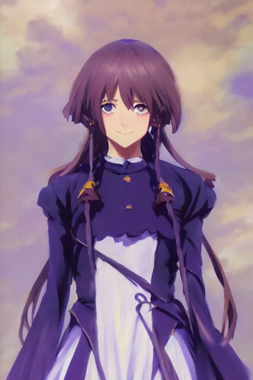 Image similar to greg manchess painting of anime art full body portrait character concept art, anime key visual of violet evergarden, trending on pixiv fanbox, violet evergarden