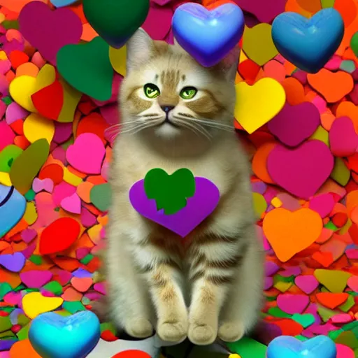 Image similar to an extremely cute cat made of hearts sending love to the quantum realm, octane render, happy colours